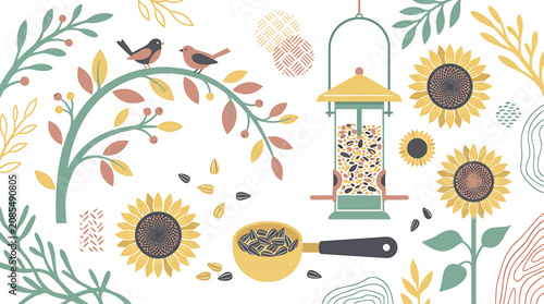 Obraz na płótnie Colorful bird feeder with sunflowers and autumn leaves illustration