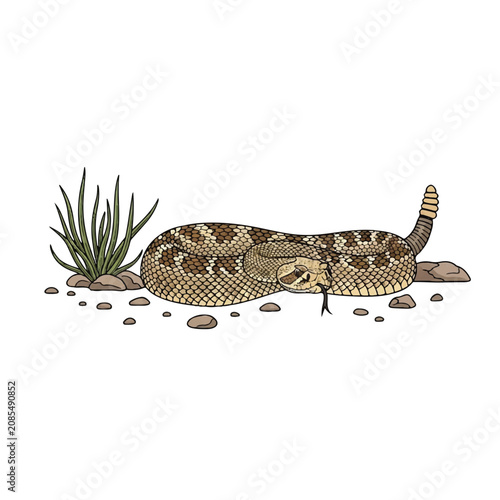 Detailed Vector Illustration of a Poisonous Rattlesnake Coiled in a Dry Desert Landscape Habitat