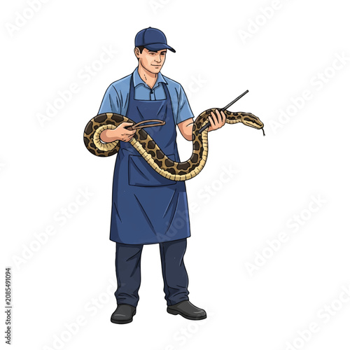 Professional Snake Handler Holding Large Python Reptile Vector Illustration for Wildlife Education