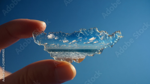 Hand Holding Caspian Sea Piece Like Broken Mirror Reflecting Sky on Blue Background