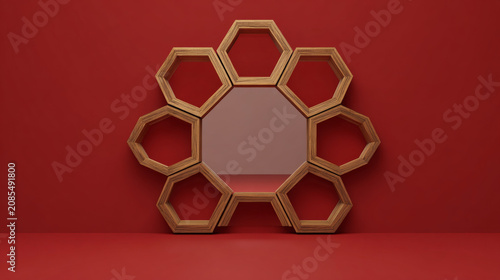 Hexagonal Shebeke Wood Mirror Reflecting Red Void on Solid Red Background