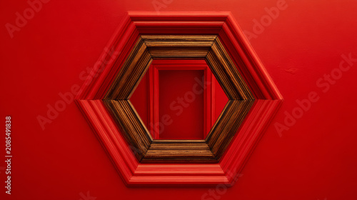 Hexagonal Shebeke Wood Mirror Reflecting Red Void on Solid Red Background