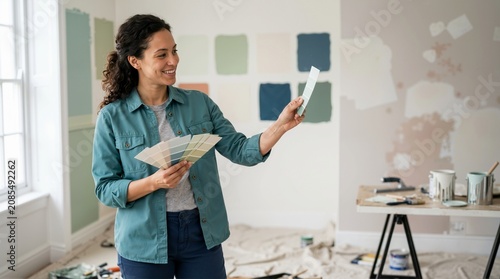 Smiling woman holding paint color swatches in a room. Female decorator choosing wall colors for home renovation project. Interior design and repair concept