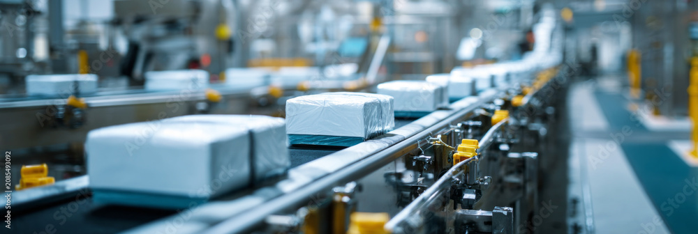 Fototapeta premium Sealed products travel along a conveyor belt in a factory. Workers manage the packaging process. The factory is busy with operations throughout the day