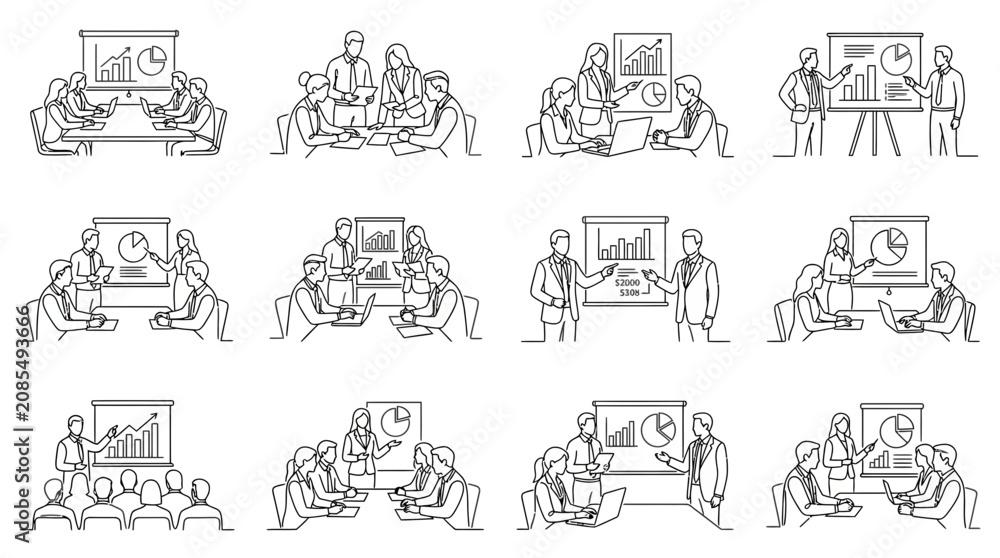 Obraz premium Business meeting and presentation line art illustration collection