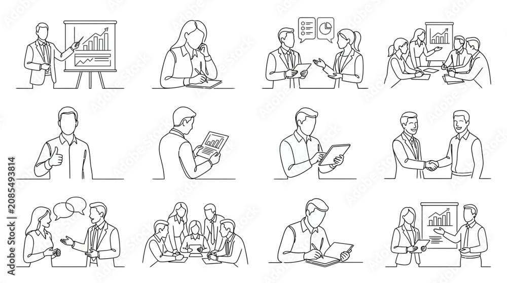 Fototapeta premium Business people line art set featuring office meetings and presentations