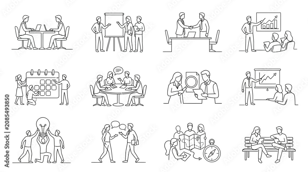 Obraz premium Business people office scenes line art vector illustration collection