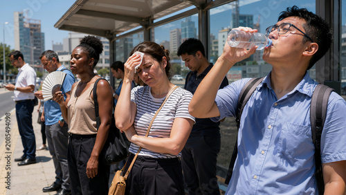 Diverse people suffering from extreme heat at a city bus stop. Commuters cooling down during summer heatwave. Man drinking water and woman wiping sweat