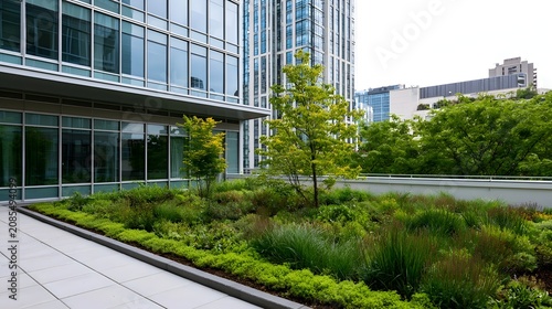 Modern glass building with rooftop garden featuring diverse plants  trees  and urban landscaping under bright sky