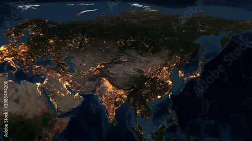 Detailed night view of Asia map from space with glowing city lights