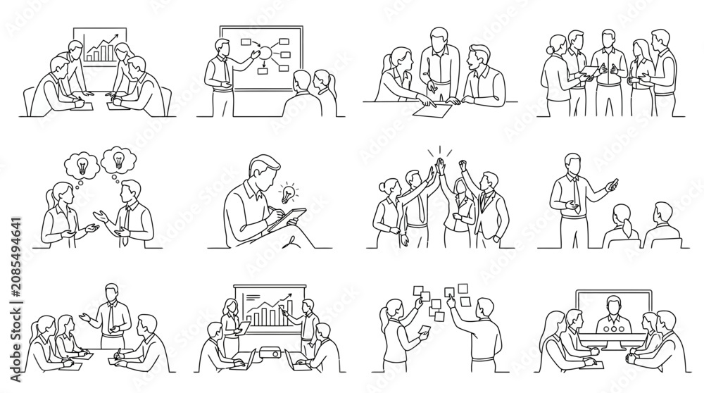 Fototapeta premium Minimalist business line art set featuring teamwork and office meetings