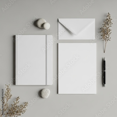 Elegant branding stationery mockup template featuring blank notebook letterhead envelope pen and dried plants on neutral background