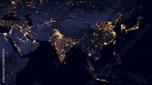 Satellite View of Illuminated Asia Map at Night Urban Lights Glow