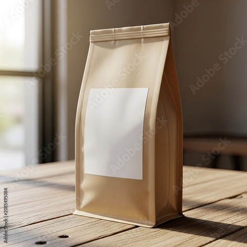 Blank brown paper coffee bag mockup with white label standing on wooden table