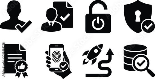 Data Security Identity Verification and Business Startup Success Black Silhouette Icon Set Featuring Biometrics and Protection