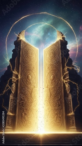 Mystical golden celestial gate opening to a glowing cosmic fantasy galaxy portal