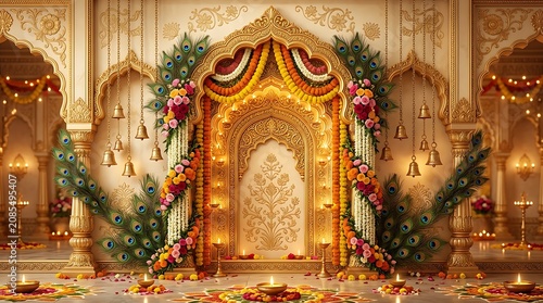 Beautifully decorated hindu wedding mandap with garlands and lights