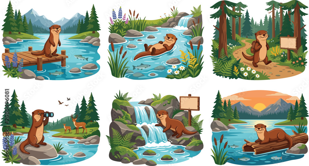 Fototapeta premium Cute cartoon otter vector illustration collection swimming hiking and exploring wilderness river and forest habitats