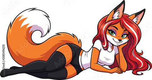 Φωτογραφία Cartoon illustration of a cute anthropomorphic female fox character lounging on