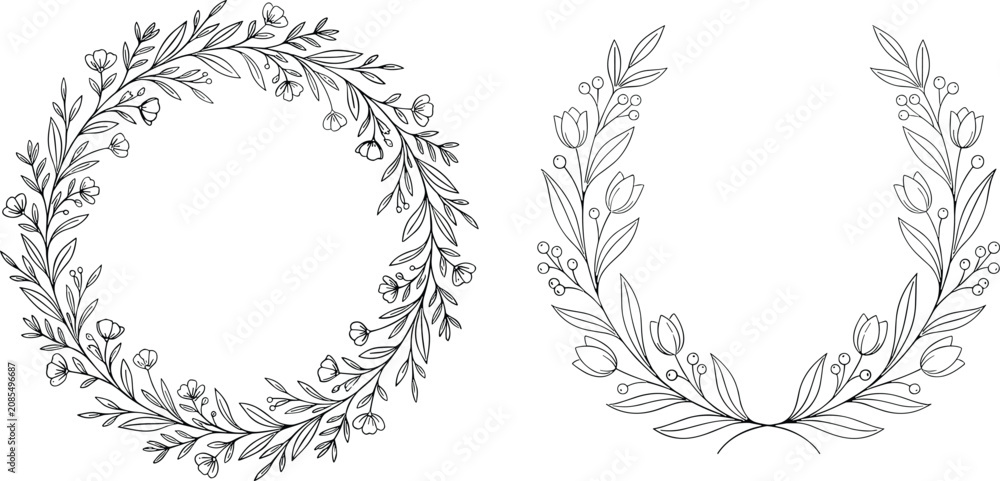 Obraz premium Hand drawn floral wreaths and botanical frames for elegant wedding invitation