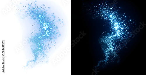 Cuadro en lienzo Blue glitter particles forming a swirling smoke trail with scattered dots ideal