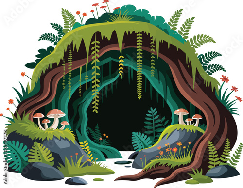 Whimsical forest cave, lush greenery, mossy tunnel, fantasy landscape, vector illustration