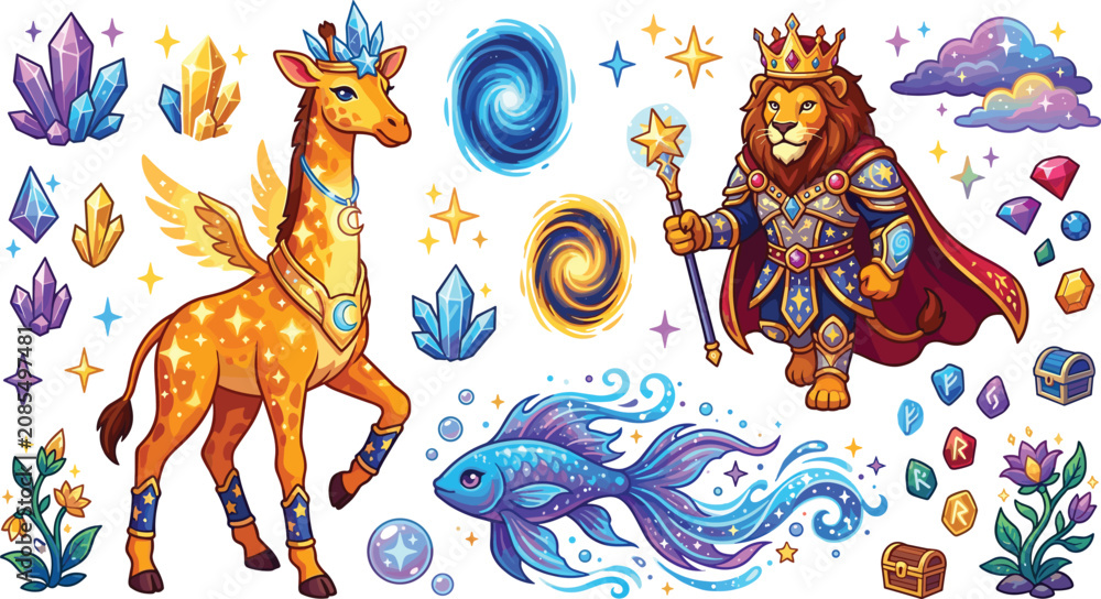 Naklejka premium Fantasy adventure vector asset set with magical winged giraffe king lion fish portals crystals and runes
