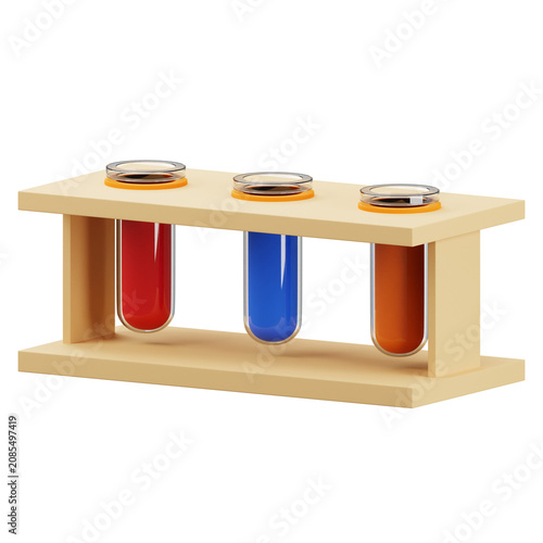 3D Illustration of Chemistry Test Tubes in a Wooden Rack for Science and Education