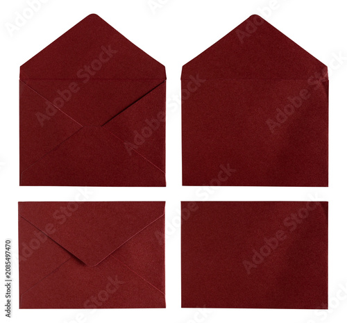 Set of dark red or burgundy paper envelopes in various views, open and closed, front and back sides, isolated on a white background.