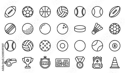 Fotografie Modern Sports Balls Flat Line Icon Set with Football Soccer Tennis and Basketbal
