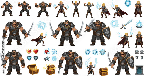 Foto Fantasy RPG game character sprite sheet featuring warrior orc and mage elf with