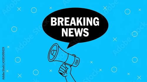 Breaking news announcement, megaphone speech bubble, blue background