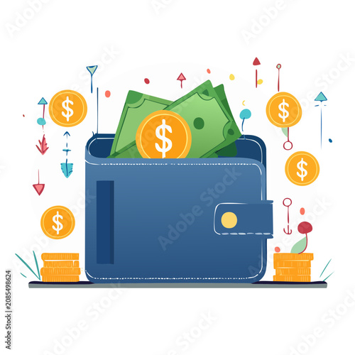 Flat vector illustration of a wallet with money and coins