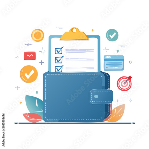 Flat vector illustration of wallet with checklist and financial icons