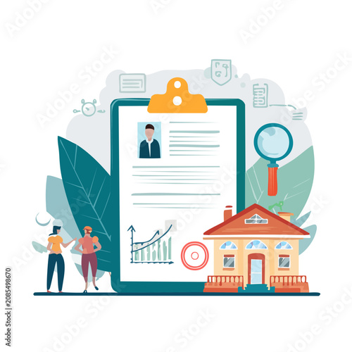 Flat vector illustration of resume, house, and job search elements