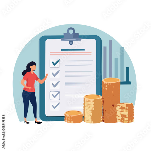 Woman with clipboard and checklist in flat illustration style