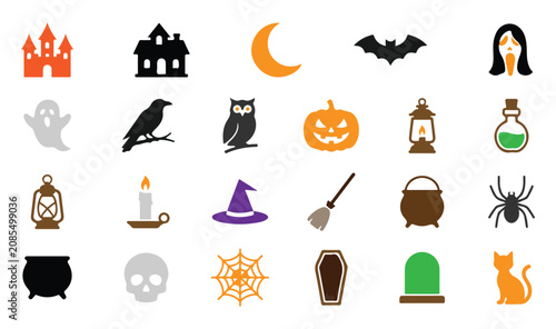 Halloween coloring icon set spooky symbols for kids and adults