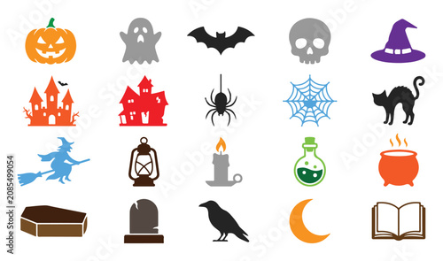Halloween coloring icon set for kids spooky symbols and characters