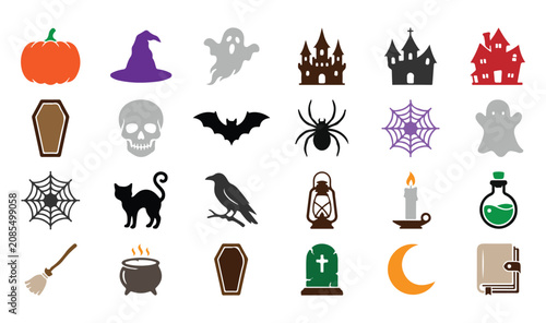 Halloween coloring icon set spooky symbols for kids and adults