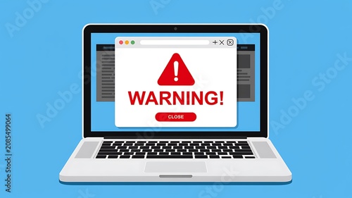 Warning, laptop screen, alert message, cybersecurity concept, computer error