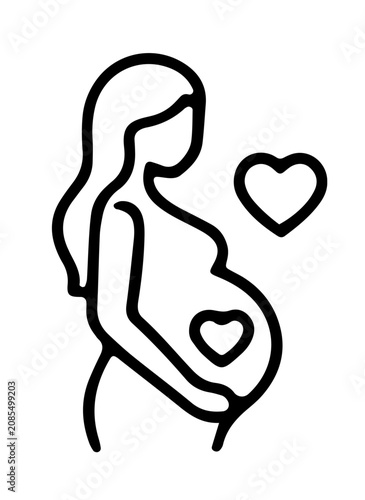 Pregnant woman outline with heart shapes healthcare symbol on white background