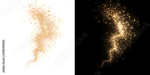 Photos Gold glitter particles forming a swirling trail with bokeh circles ideal for lux