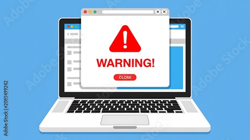 Warning, error message, alert on laptop, cybersecurity concept, computer screen