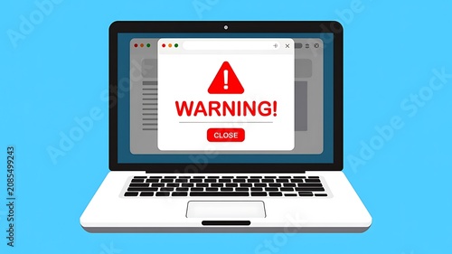 Warning, cybersecurity alert, laptop screen, malware warning, computer security