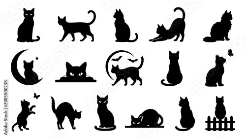 Black cat silhouettes set with various poses and shapes