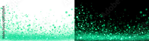 Photography Green glitter particles rising from a glowing ground base with scattered bokeh c
