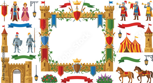 Foto Medieval castle border frame vector set with flat cartoon king queen knights shi