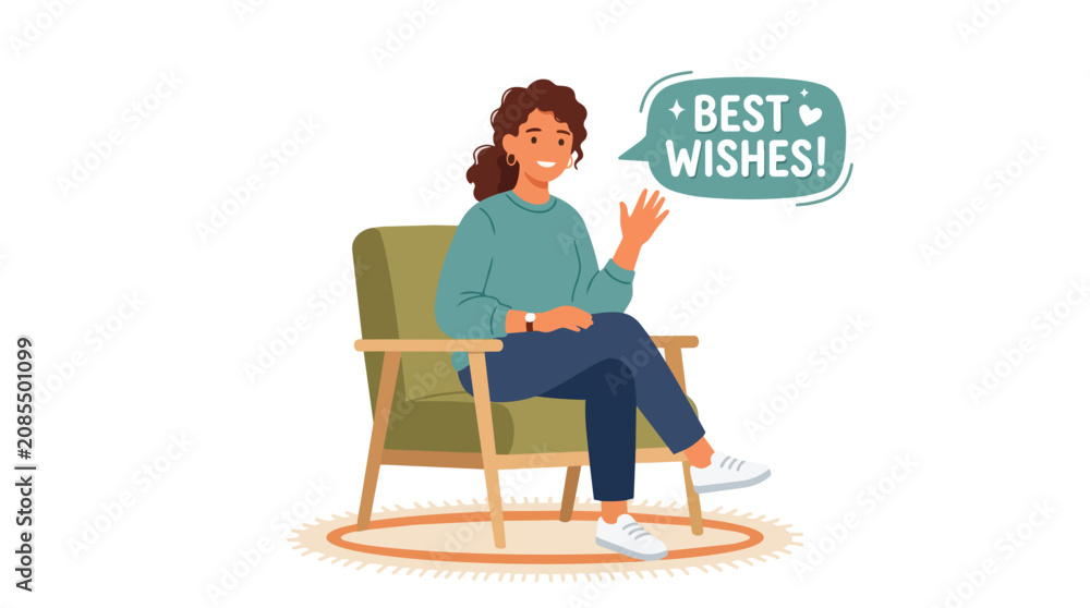 Fototapeta premium Happy Woman Sitting in Armchair Waving and Sending Best Wishes Greeting with Speech Bubble Flat Illustration Design