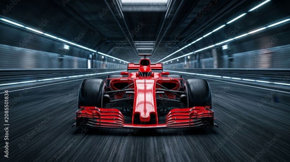 Naklejka premium A high-speed red race car drives through a sleek, well-lit tunnel, evoking thrill and modernity.
