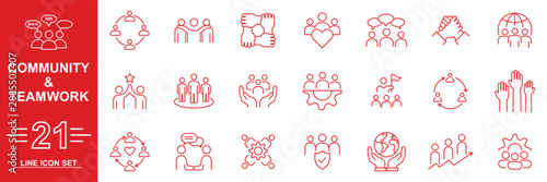 Community line icon set. People, hands, hearts, cooperation, and social connections drawn in unifying minimalist style. Thin outline icons pack. Teamwork icon set . including team success, meeting